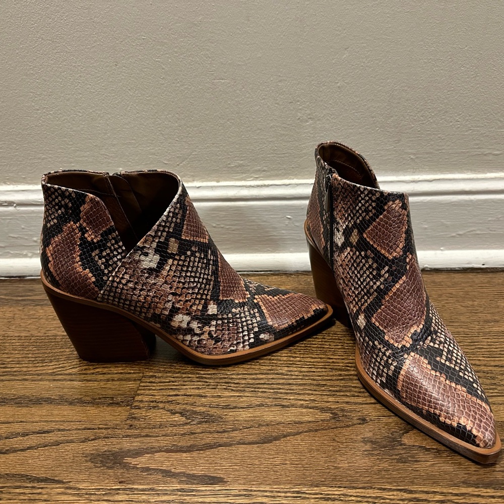 Vince Camuto snake print booties